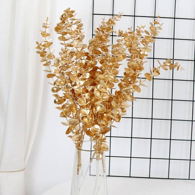 5Pcs Gold Artificial Eucalyptus Stems Fall Decor Floral Flower for Wedding  Party Bouquet Home Farmhouse Vase